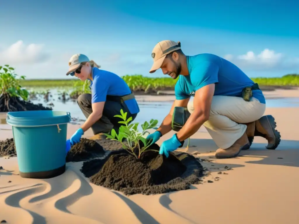 Equipo de biólogos marinos y voluntarios restaurando manglares en la playa Equipo de biólogos marinos y voluntarios restaurando ecosistemas costeros en una playa