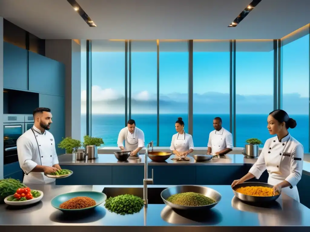 Cocina multicultural: chefs creando fusiones costeras Un equipo multicultural de chefs prepara sabores costeros en una cocina moderna