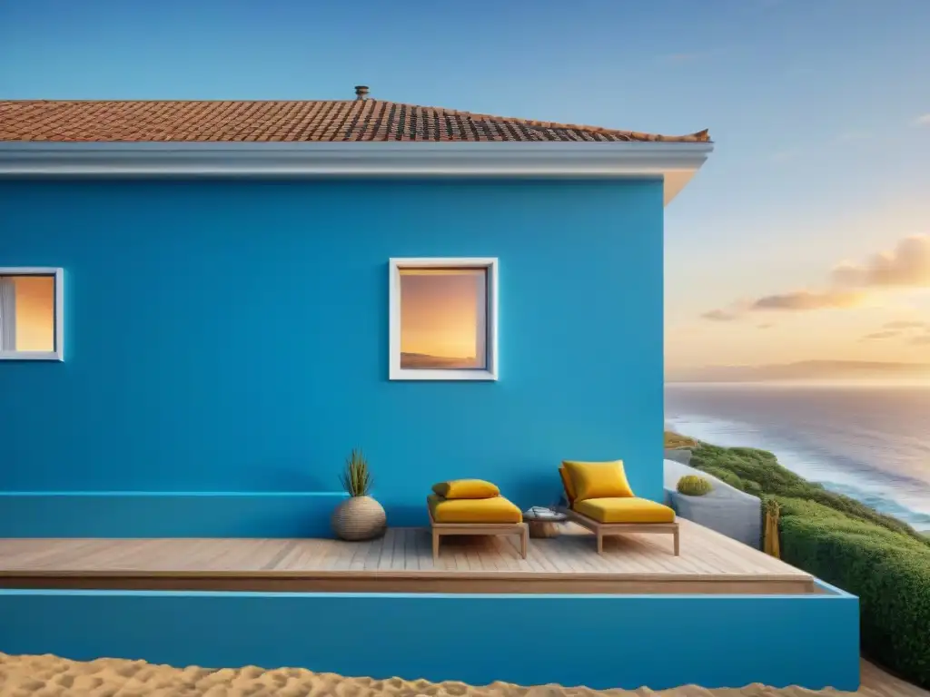 Renovación costera: Transformación en azul junto al mar Equipo profesional renueva exterior costero con pintura azul, reflejando la belleza natural