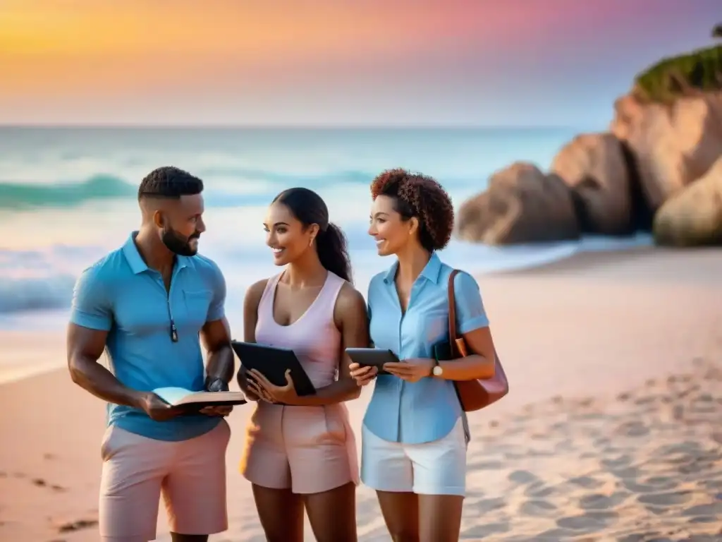 Reunión de profesionales en la playa al atardecer Equipo de profesionales diverso discutiendo estrategias de marketing en la costa al atardecer