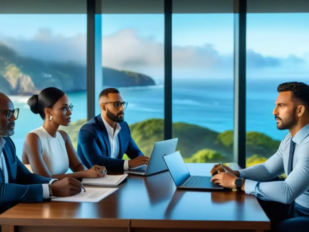 Reunión estratégica de profesionales frente al mar Equipo de profesionales en reunión estratégica para negociación de hipotecas costeras