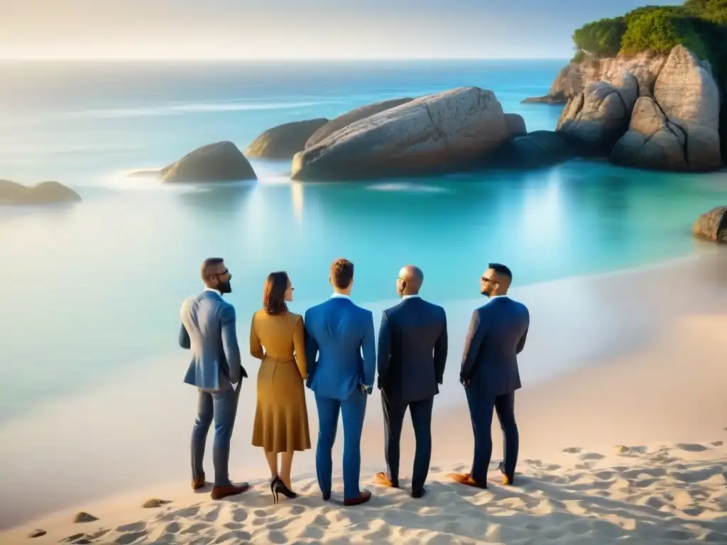 Retiro corporativo en la playa: trabajo en equipo y relax Equipo de profesionales en traje de negocios participando en un ejercicio de integración en la playa, con el mar de fondo
