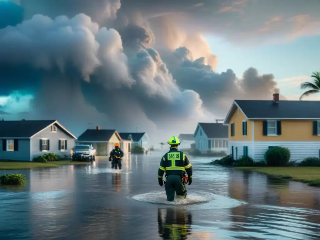 Emergencia post huracán: rescate en ciudad costera Equipo de rescate evacuando familia de casa inundada tras huracán en zona costera, destacando la importancia de los seguros ante desastres naturales
