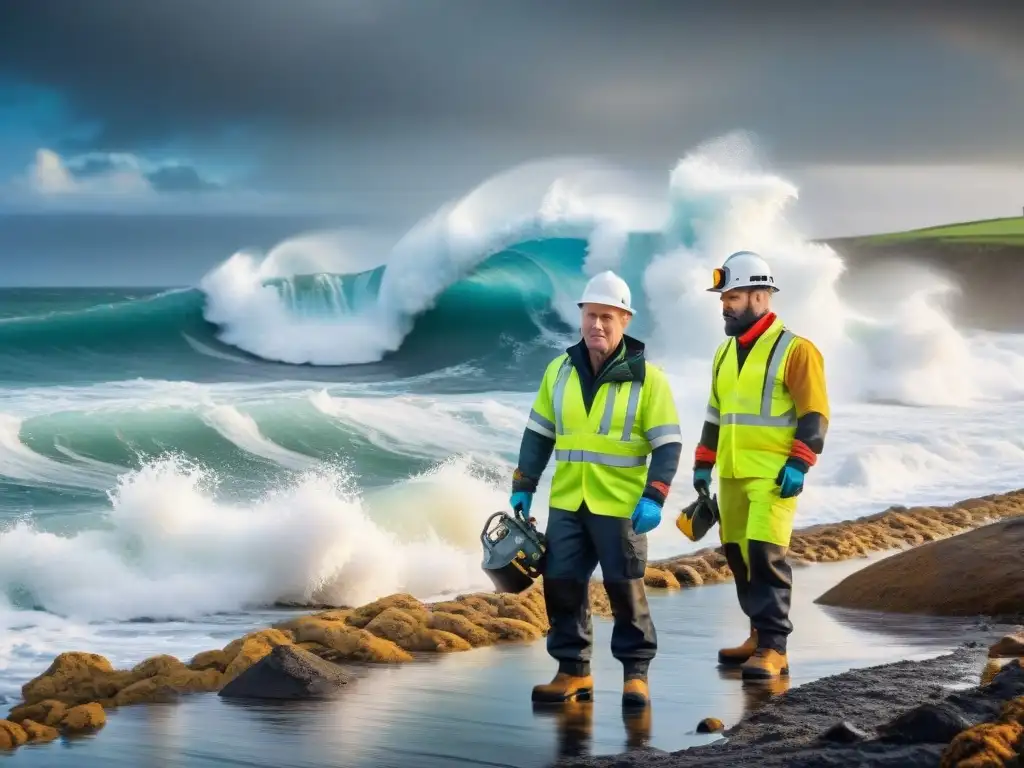 Equipo de restauración costera trabajando contra el clima Un equipo de restauración de hogares costeros desafía condiciones climáticas, reconstruyendo con determinación
