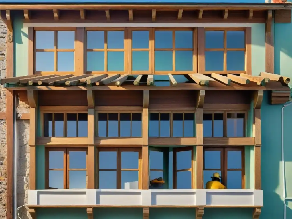 Equipo de restauración devolviendo esplendor a casa histórica junto al mar Equipo de restauración trabajando en la modernización de una encantadora casa costera histórica