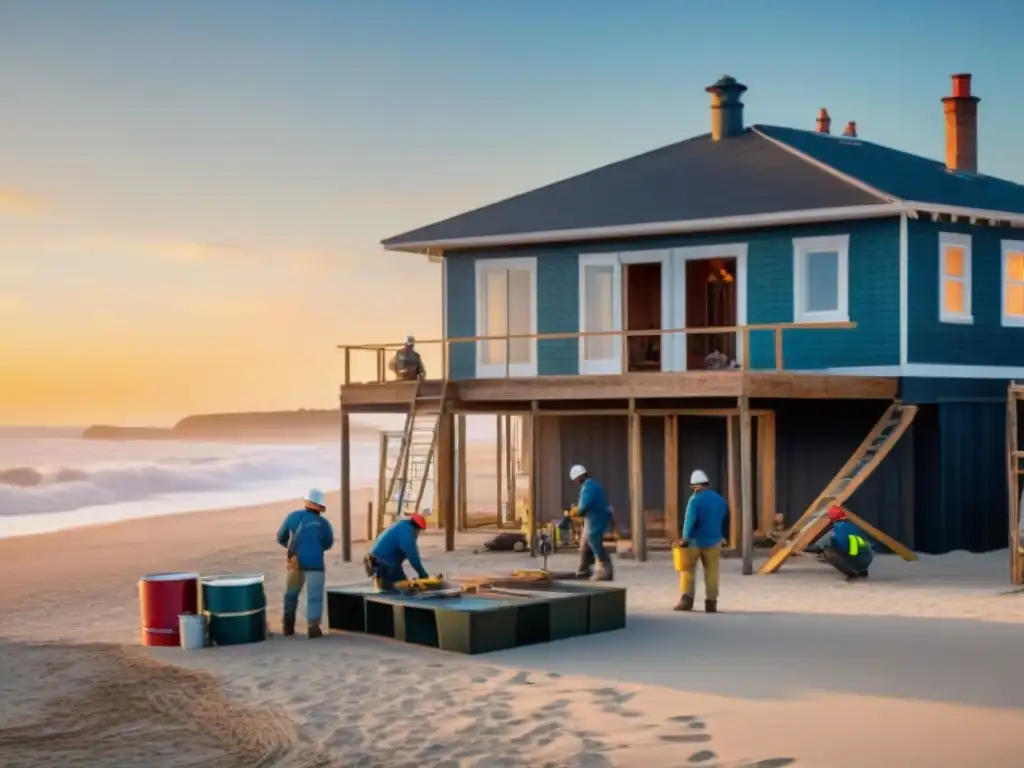 Expertos en restauración devuelven vida a casa costera Equipo de restauración de propiedades costeras trabajando en una casa junto al mar al atardecer