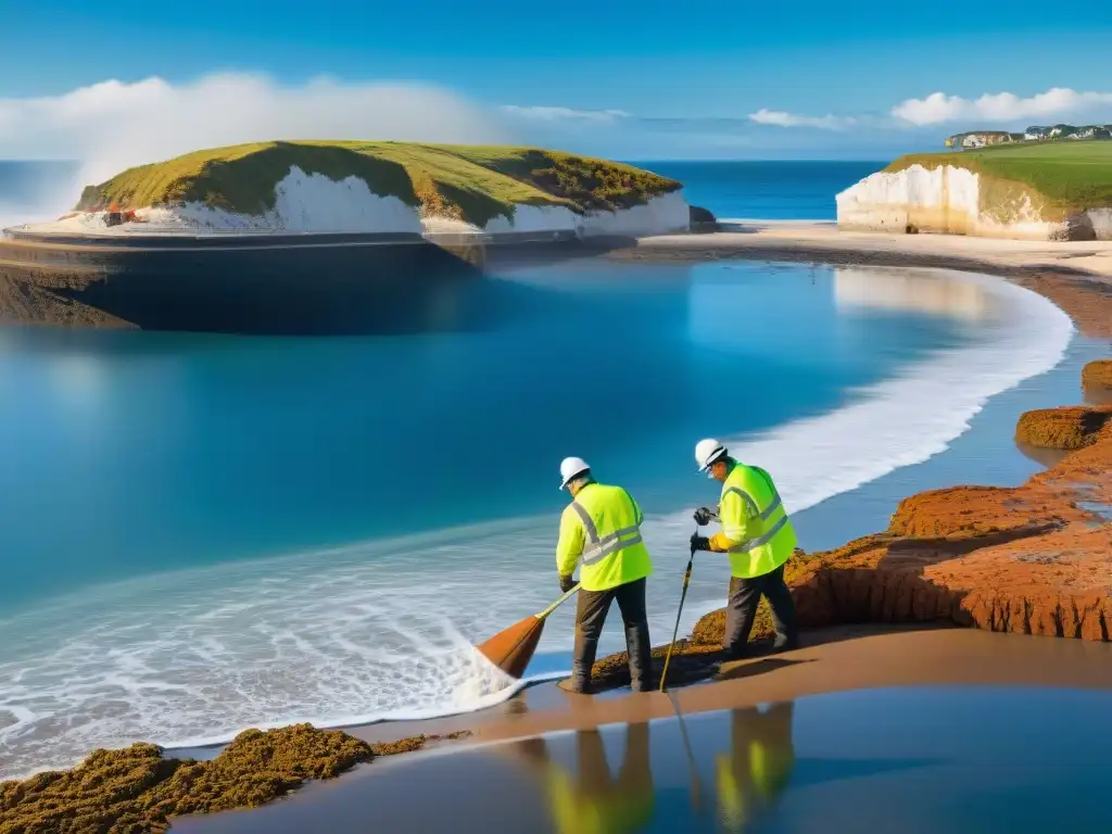 Profesionales aplicando revestimiento innovador en propiedad costera Equipo aplicando revestimientos innovadores para propiedades costeras en un entorno sereno y laborioso junto al mar