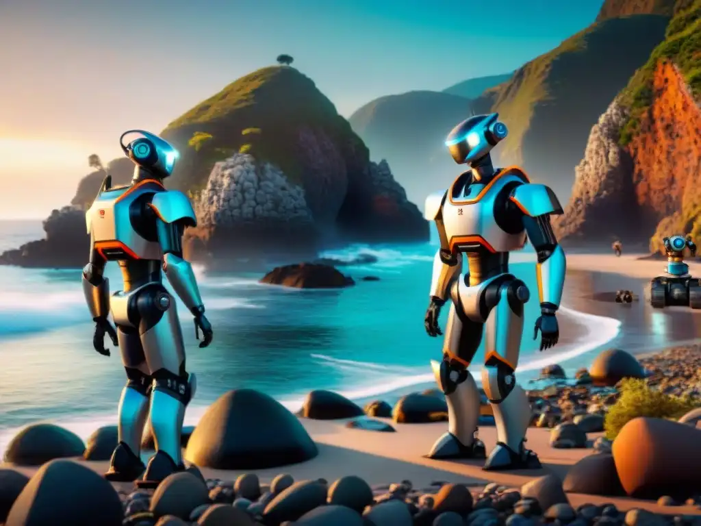 Robots especializados realizan mantenimiento costero futurista Equipo de robots especializados realizando mantenimiento costero futurista