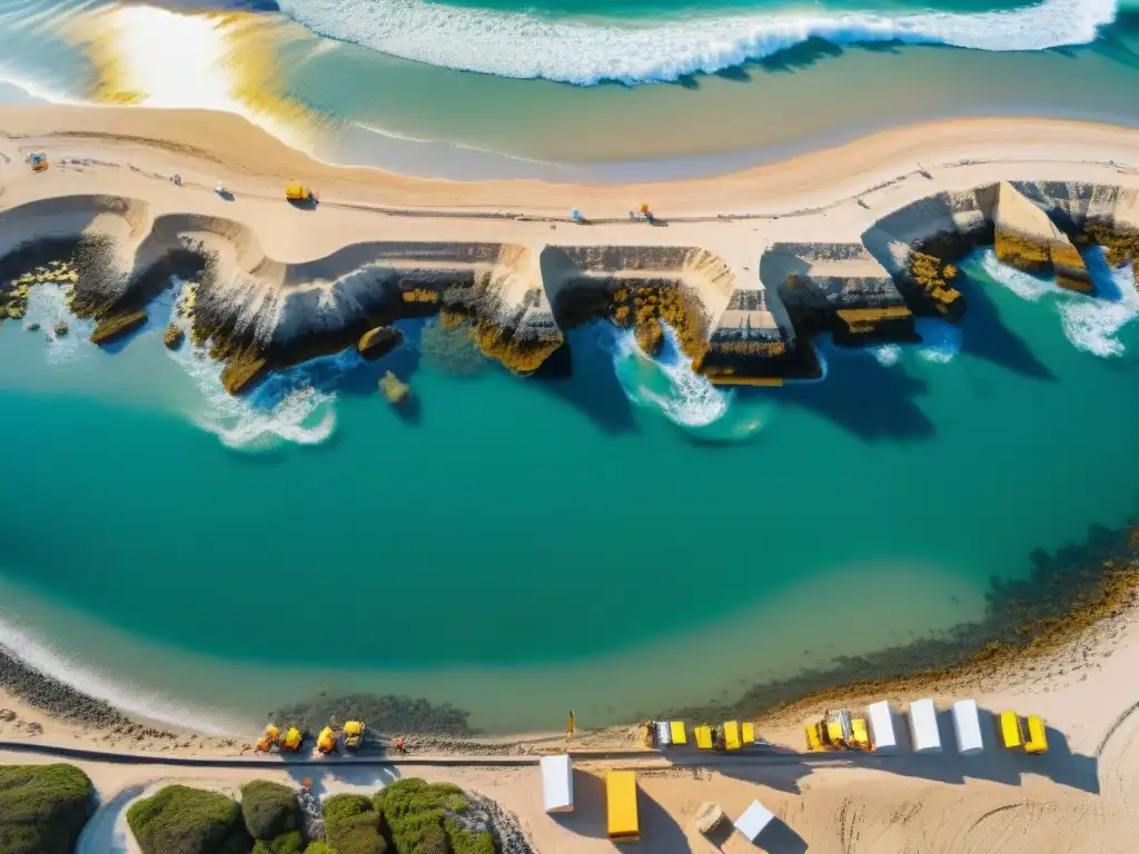 Equipo constructor en acción: fundación de edificio frente al mar Un equipo de trabajadores construye en la costa con precisión