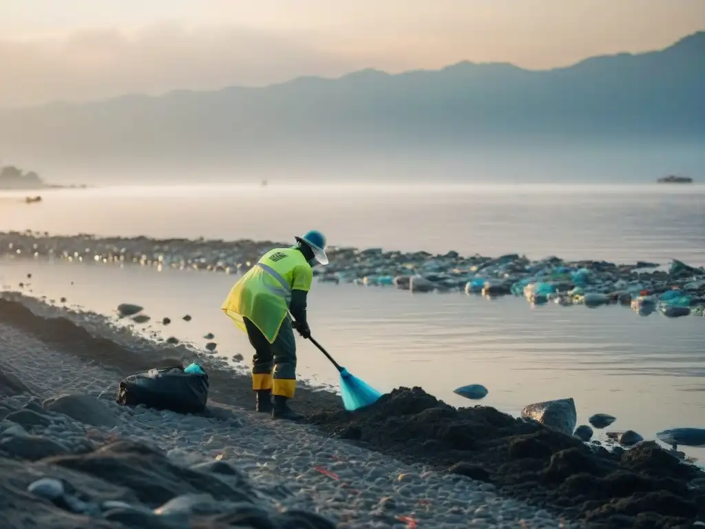 Voluntarios dedicados limpiando Manila Bay al atardecer Equipo de voluntarios limpiando playas contaminadas en Manila Bay al atardecer, mostrando esperanza y transformación