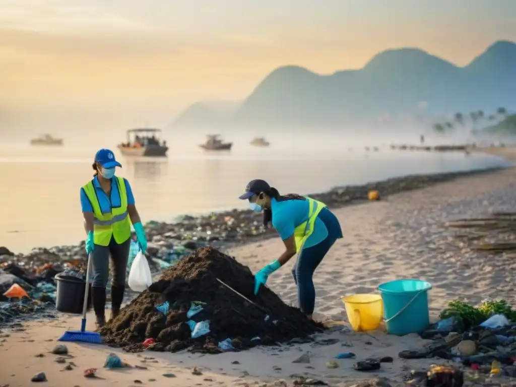 Voluntarios transformando Manila Bay al atardecer Equipo de voluntarios limpiando playas contaminadas en Manila Bay al atardecer, simbolizando esperanza y progreso