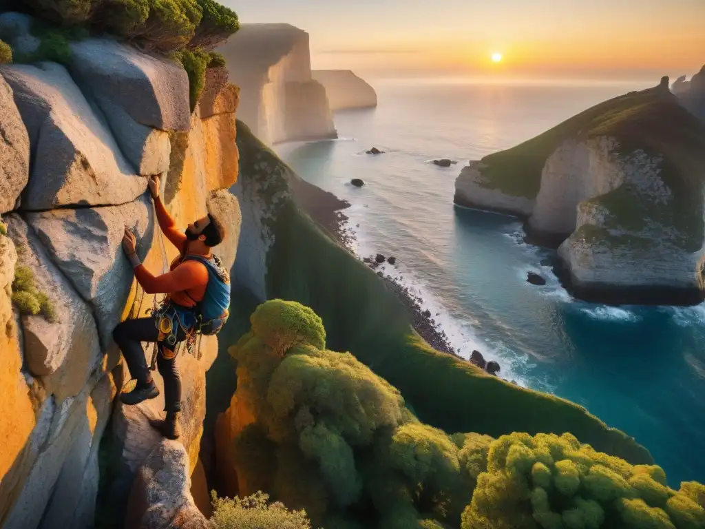 Escalada al atardecer: Desafío vertical en acantilado Un escalador desafiante se destaca contra el atardecer en un acantilado, mostrando fuerza y determinación