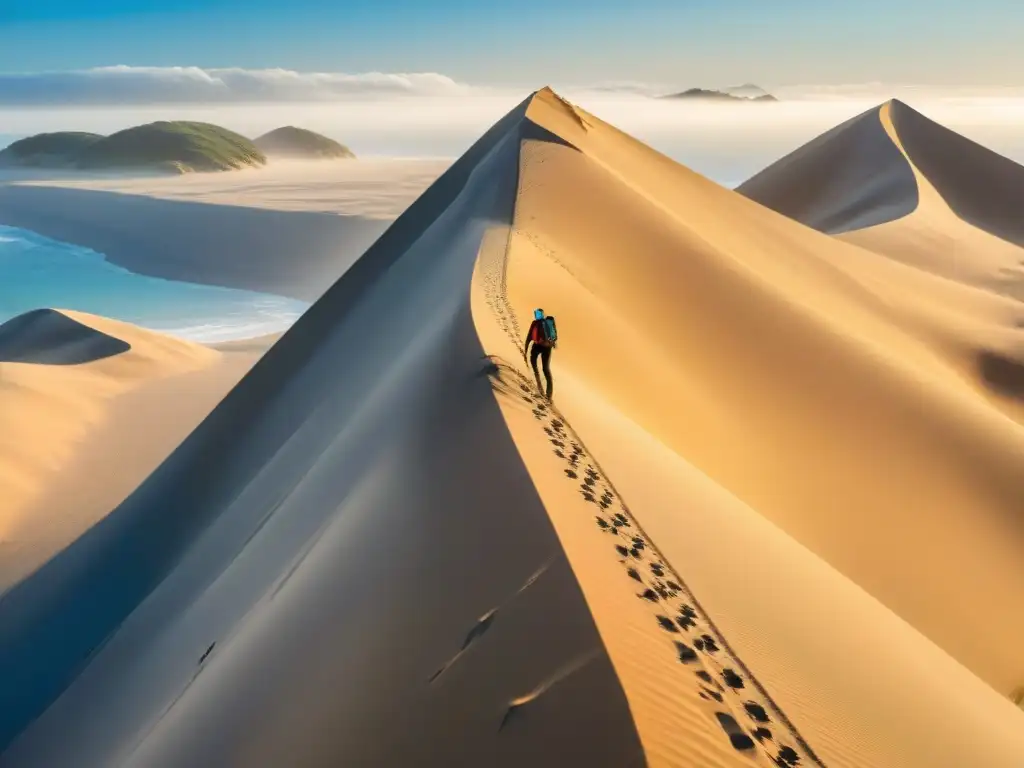 Ascenso épico: escalada solitaria en duna costera Un escalador solitario desafiando una enorme duna costera con el vasto océano de fondo bajo un cielo azul