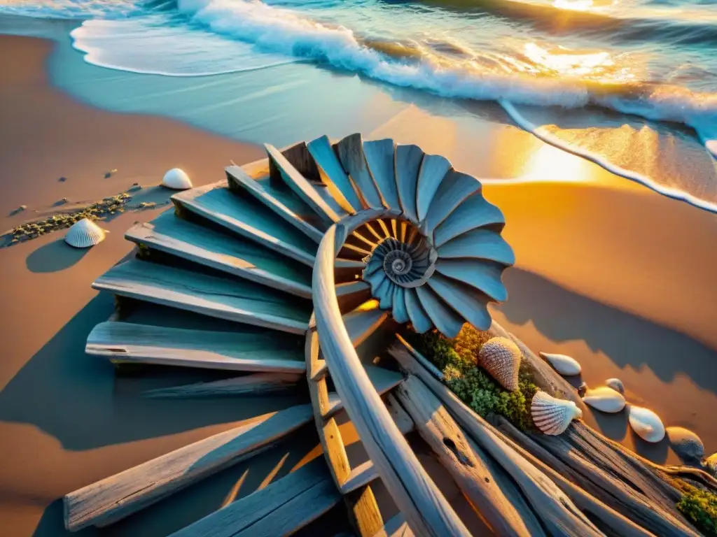 Escalera espiral de madera a la orilla del mar al atardecer Una escalera marítima inspirada en el océano, con detalles de conchas y cuerdas, en un atardecer vibrante junto al mar