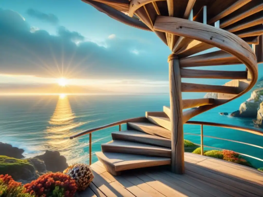 Escalera de madera a la cima del faro: elegancia costera Una escalera marítima de madera a la deriva en un faro junto al océano, con cuerdas y conchas adornando el diseño