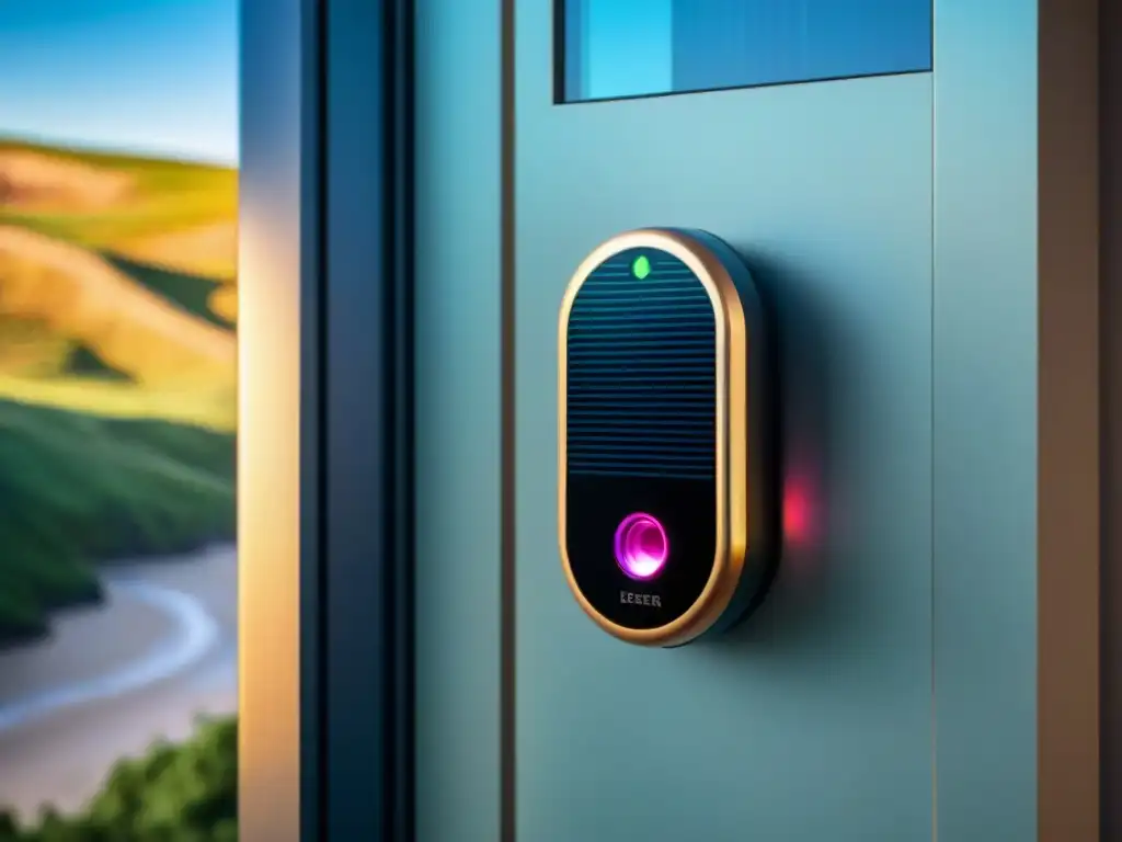 Escáner biométrico de huellas digitales en puerta moderna junto al mar Un escáner biométrico de última generación en una puerta moderna junto a la costa, transmitiendo seguridad y tranquilidad en un hogar costero