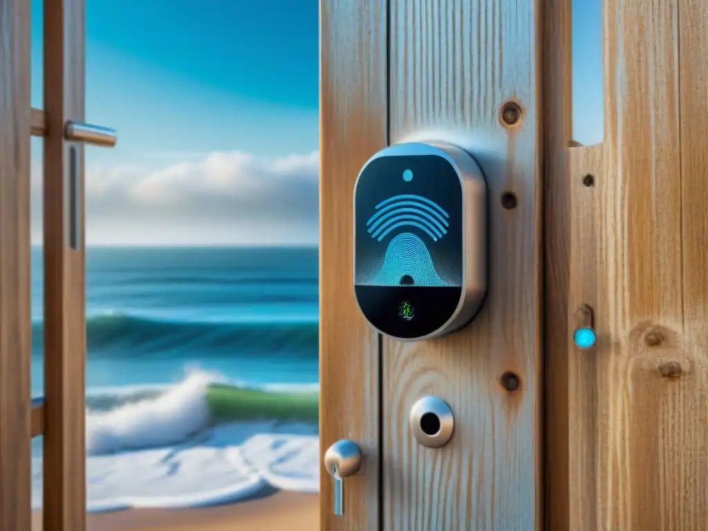 Escáner de huellas dactilares biomét Escáner de huella digital en puerta de casa costera con integración de seguridad biometría hogar costero