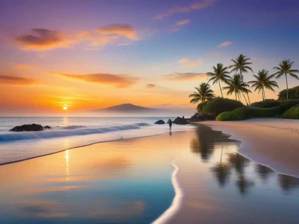 Paraíso costero al atardecer: pareja en la playa Una escapada de ensueño al atardecer en un paraíso costero, ideal para tu retiro financiero en paraíso costero
