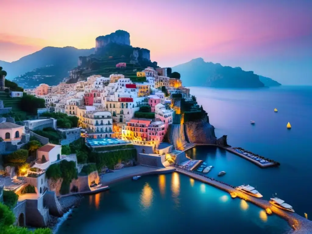 Espectacular vista panorámica de la Costa Amalfitana Escapada romántica Costa Amalfitana: Pueblos coloridos en acantilados, costa escarpada y aguas turquesas al atardecer