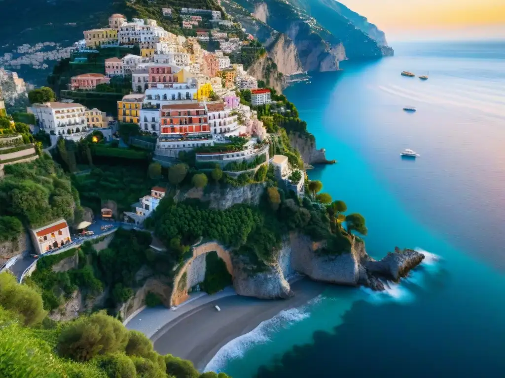 Maravillosas aldeas costeras de la Costa Amalfitana Escapada romántica Costa Amalfitana: pueblos coloridos en acantilados, aguas turquesas y arquitectura encantadora bajo el cálido sol mediterráneo
