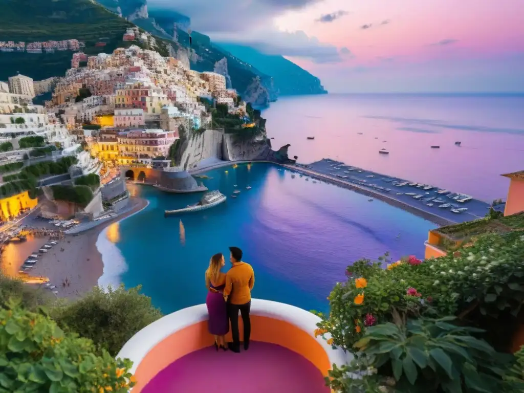 Atardecer romántico en Positano: colores vibrantes y amor junto al mar Una escapada romántica en la Costa Amalfitana: atardecer impresionante sobre Positano, Italia, con pareja de la mano