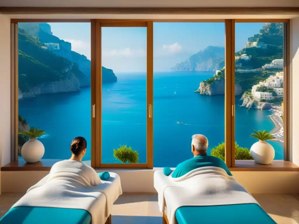 Masaje en pareja en spa de lujo en la Costa Amalfitana Escapada romántica en la Costa Amalfitana: pareja disfrutando de masaje relajante en spa de lujo con vistas al mar