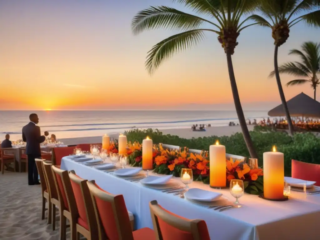 Exquisita cena tropical al atardecer en la playa Una escena animada en la costa al atardecer, con mesas decoradas, platos exóticos y camareros sonrientes