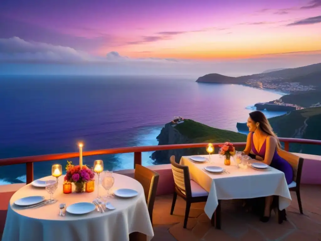 Romántica cena al atardecer en acantilado con vista al mar Una escena de atardecer impresionante en un restaurante costero con vistas al mar, donde una pareja comparte una cena romántica a la luz de las velas