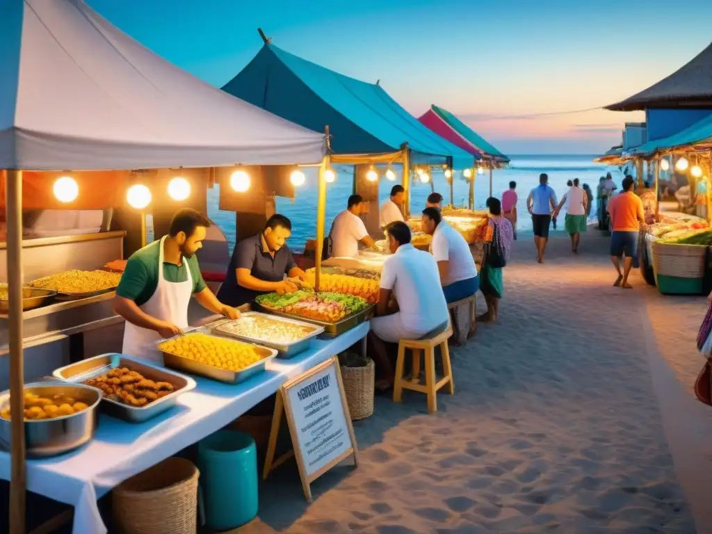 Mercado costero al atardecer: sabores y colores junto al mar Una escena bulliciosa de comida callejera costera alucinante al anochecer, con puestos de comida y clientes disfrutando del ambiente animado