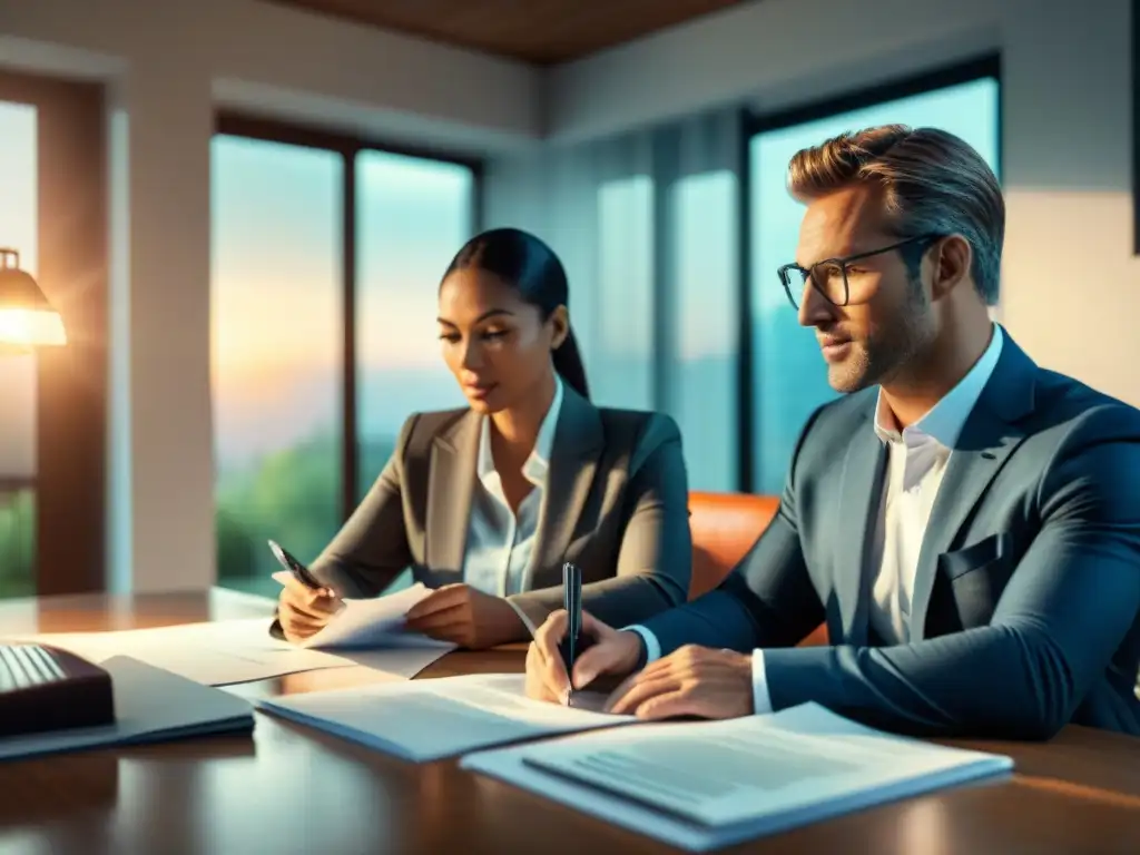 Negociación de seguro: colabore con confianza y profesionalismo Una escena cálida y profesional: dueño y agente de seguros colaboran en la negociación de póliza