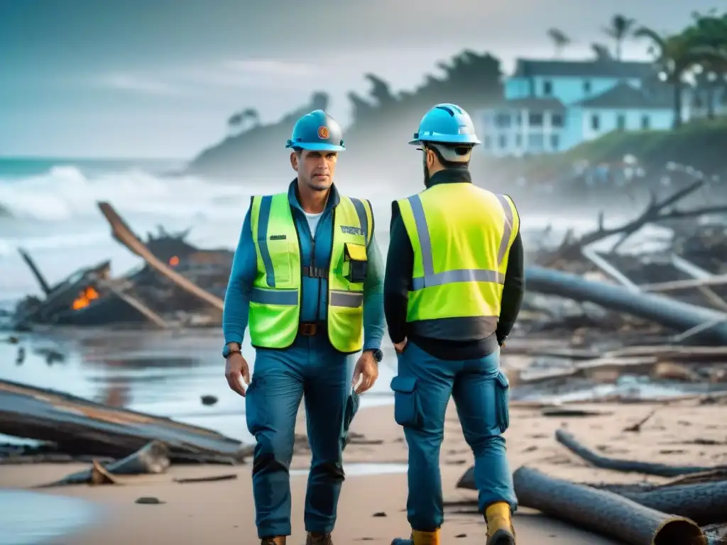 Devastación costera: rescate tras desastre natural Escena de caos y devastación en un pueblo costero tras un desastre natural, resaltando la necesidad de Seguros contra desastres naturales costa