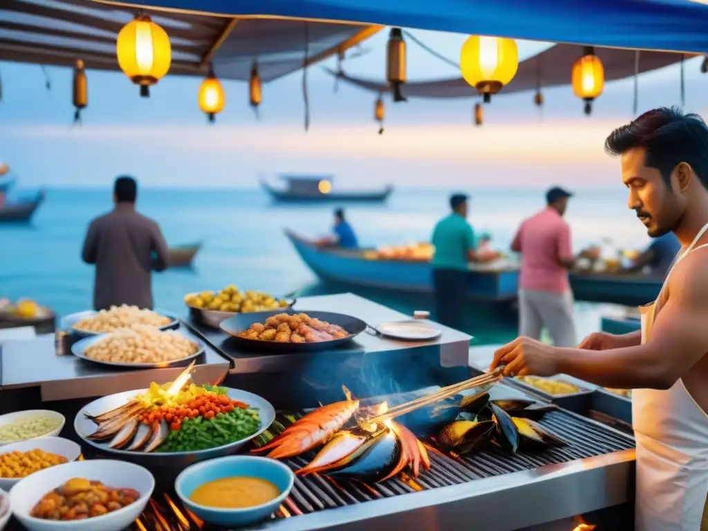 Mercado costero al atardecer: sabores y tradición junto al mar Una escena costera alucinante: mercado de comida callejera con puestos coloridos iluminados y vendedor preparando comida de mar en parrilla