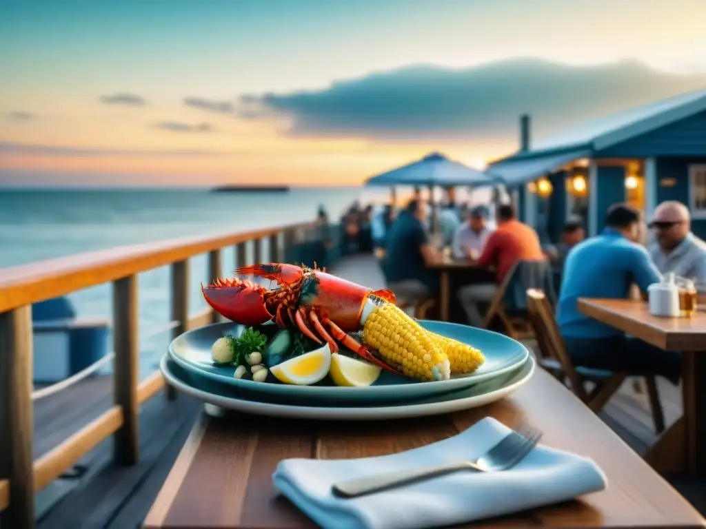 Restaurante costero en Nueva Inglaterra al atardecer Escena costera al atardecer en restaurante de Nueva Inglaterra con langosta