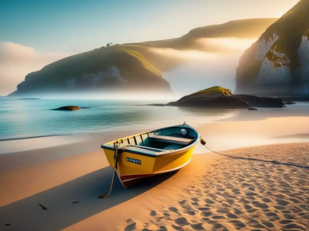 Amanecer sereno en la costa: barca pesquera al amanecer Escena costera al amanecer con barco de pesca, agua tranquila y gaviotas