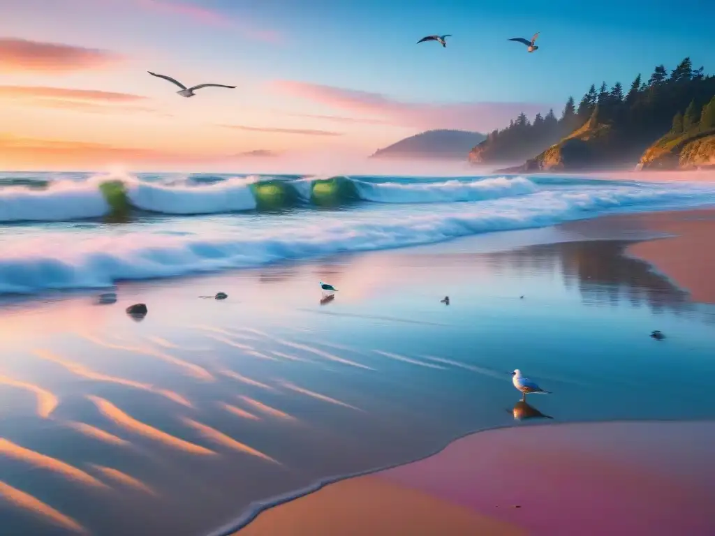 Amanecer sereno en la costa: oleaje suave y colores vibrantes Escena costera al amanecer con beneficios del sonido de las olas en el cerebro