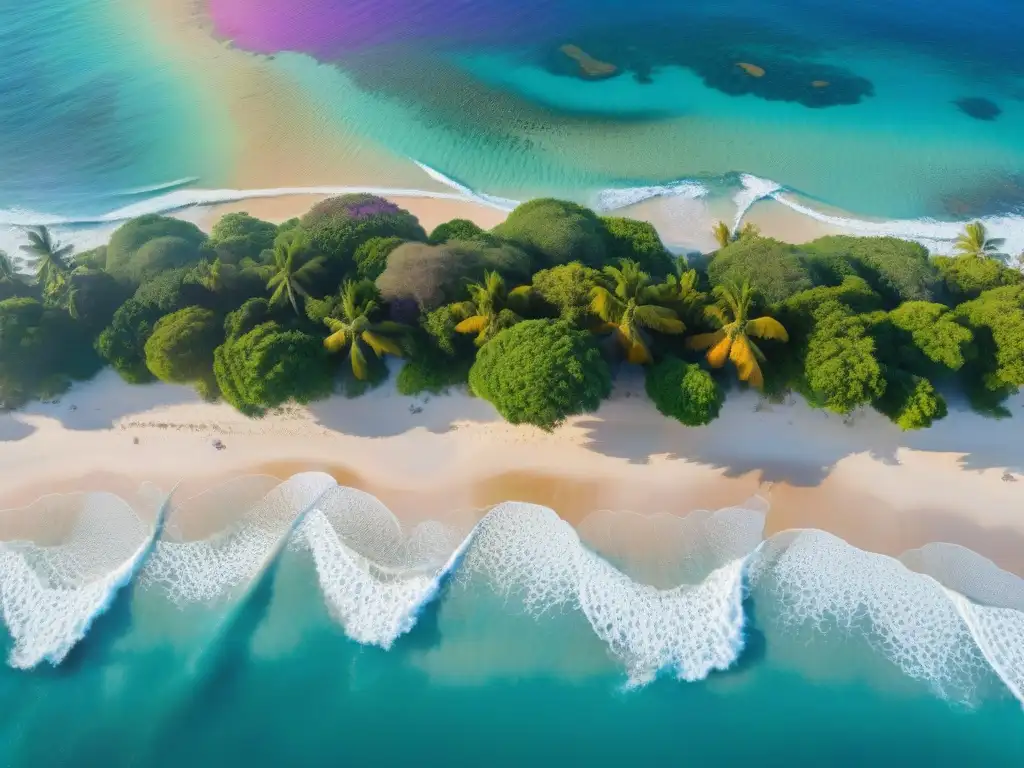 Serenidad costera: paraísos turquesas y atardeceres vibrantes Escena costera de ensueño con aguas turquesas, palmeras y atardecer vibrante, en una de las mejores propiedades costeras del mundo