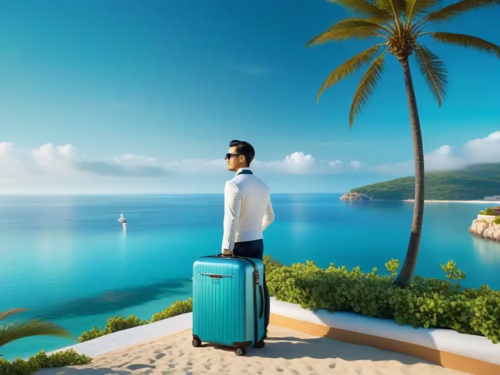 Paraíso costero: Concierge atento en un escenario de lujo frente al mar Una escena costera de ensueño con un concierge dedicado asistiendo a residentes, reflejando una vida junto al mar con elegancia
