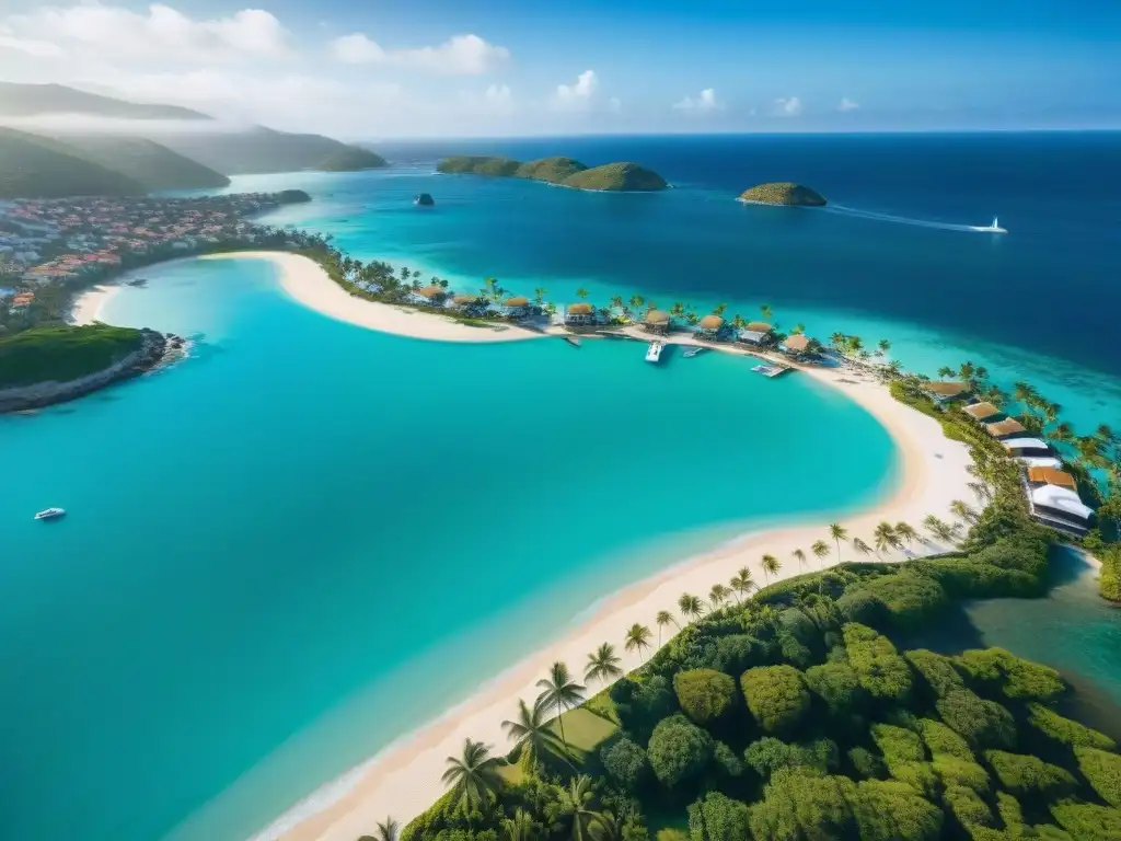 Costa de ensueño: lujo y belleza en ciudad costera Escena costera exclusiva con propiedades lujosas, aguas turquesas y playas doradas