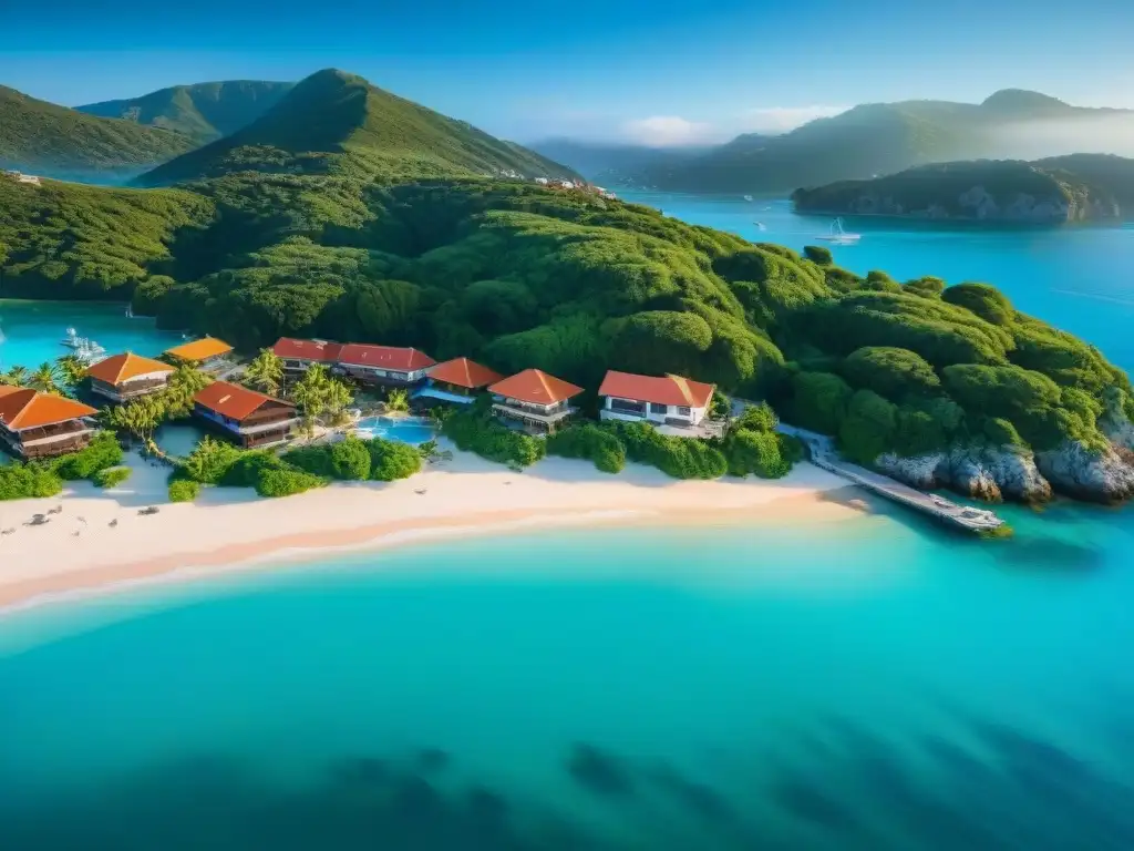 Paraíso costero: postal de casas con techo rojo frente al mar Escena costera idílica con propiedades vibrantes y aguas turquesas, seguro de propiedad costera salvó