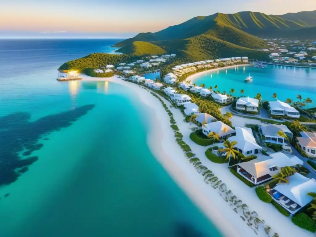 Paraíso costero: lujo y serenidad en un atardecer dorado Escena costera idílica con propiedades frente al mar y atardecer dorado