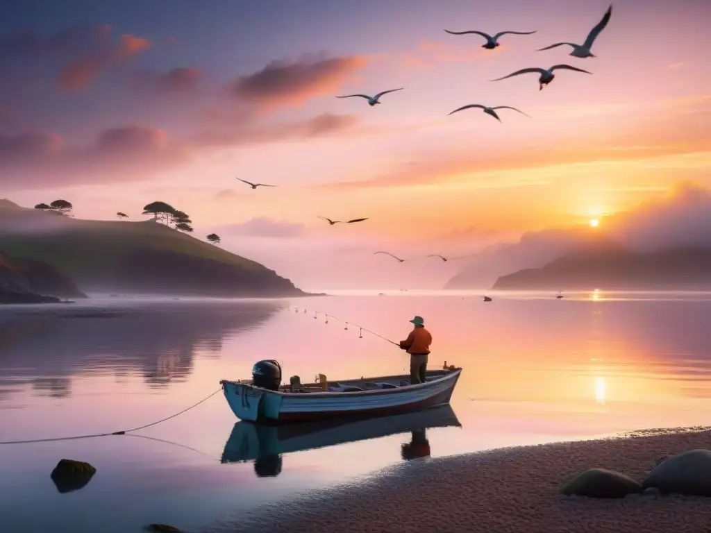 Amanecer sereno en la costa: pesca tranquila al amanecer Escena costera al amanecer con pescador principiante y bote pesquero