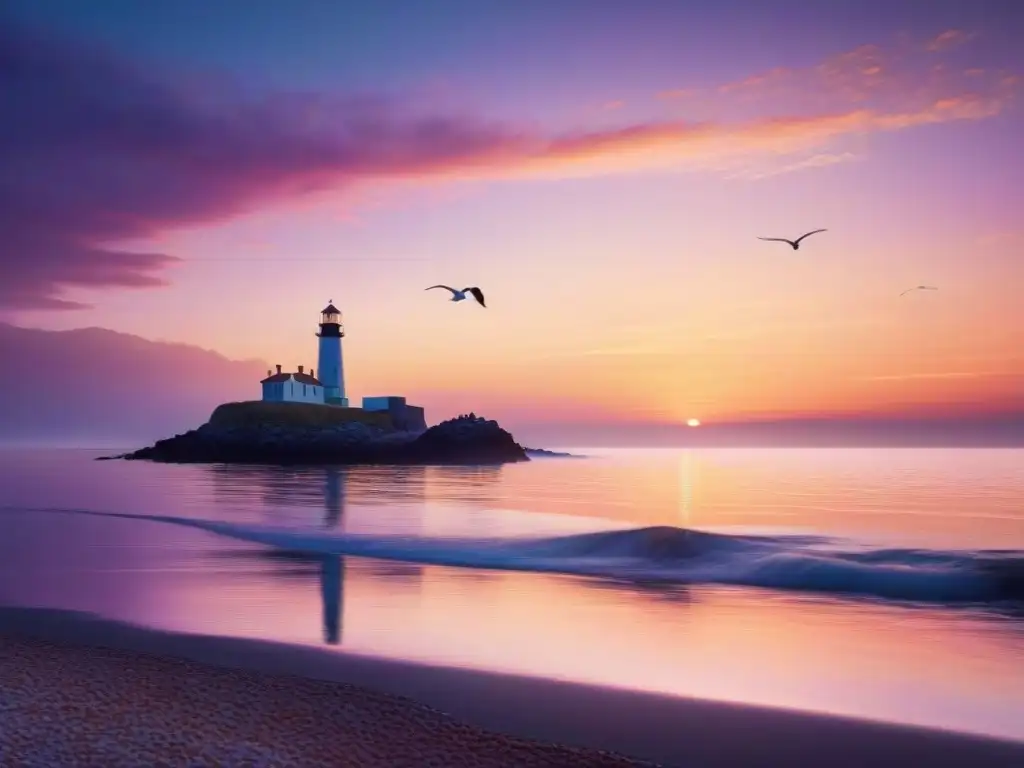 Amanecer sereno en la costa: barca pesquera en aguas tranquilas Escena costera al amanecer: barca pesquera en aguas calmas, cielo vibrante y gaviotas