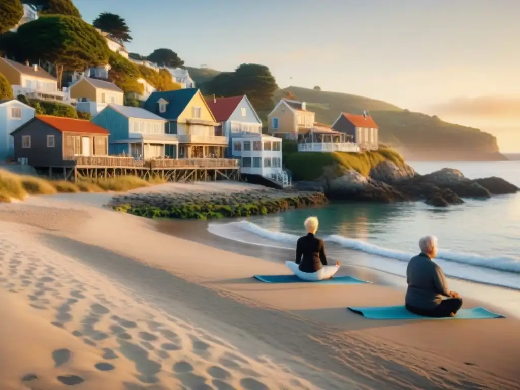 Vida activa y serena: ancianos disfrutan de la costa al atardecer Escena costera serena al atardecer con ancianos disfrutando de actividades en la playa