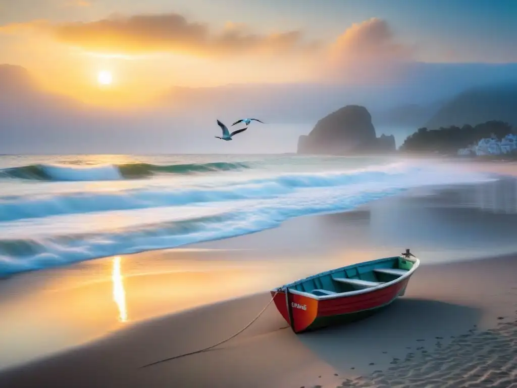 Playa serena al amanecer: escena costera idílica Escena costera serena al amanecer con barco de pesca, olas suaves y gaviotas, beneficios vida cerca mar pescado