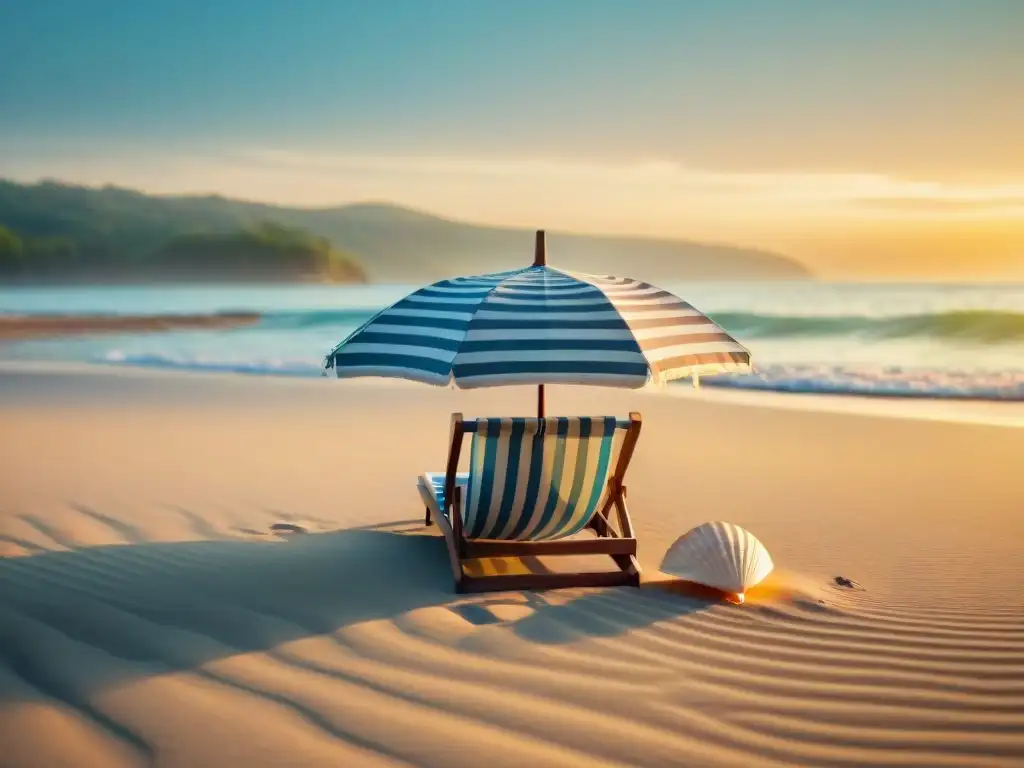 Tranquilidad dorada en la playa: diseño costero minimalista Escena costera serena con diseño minimalista, silla de playa de madera, sombrilla rayada y concha en la arena