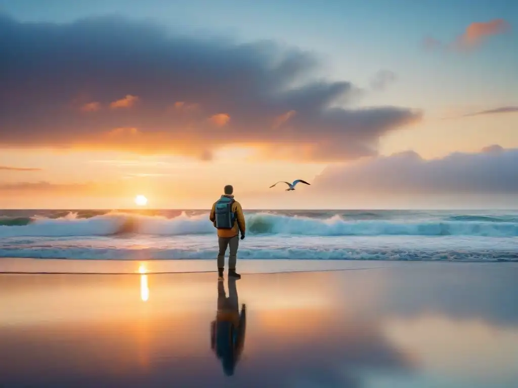 Fotografía costera al amanecer: paz y serenidad en la playa Escena costera serena al amanecer, fotógrafo solitario preparando su equipo en la playa, aves marinas en vuelo
