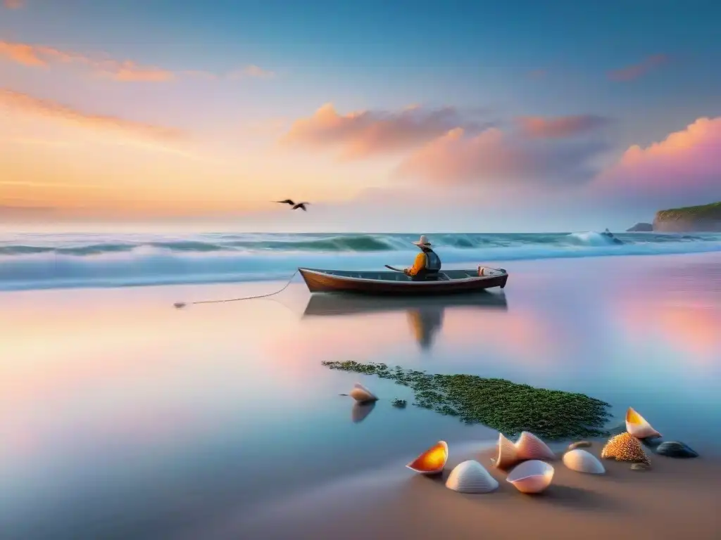 Escena costera al amanecer: playas, gaviotas y pescador en bote Escena costera serena al amanecer con playa de arena, gaviotas volando, pescador en bote y cielo pastel