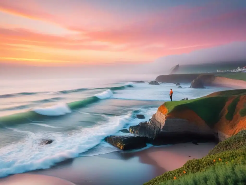 Paisaje costero al amanecer: serenidad y yoga junto al mar Escena costera serena al amanecer con yoga en acantilado