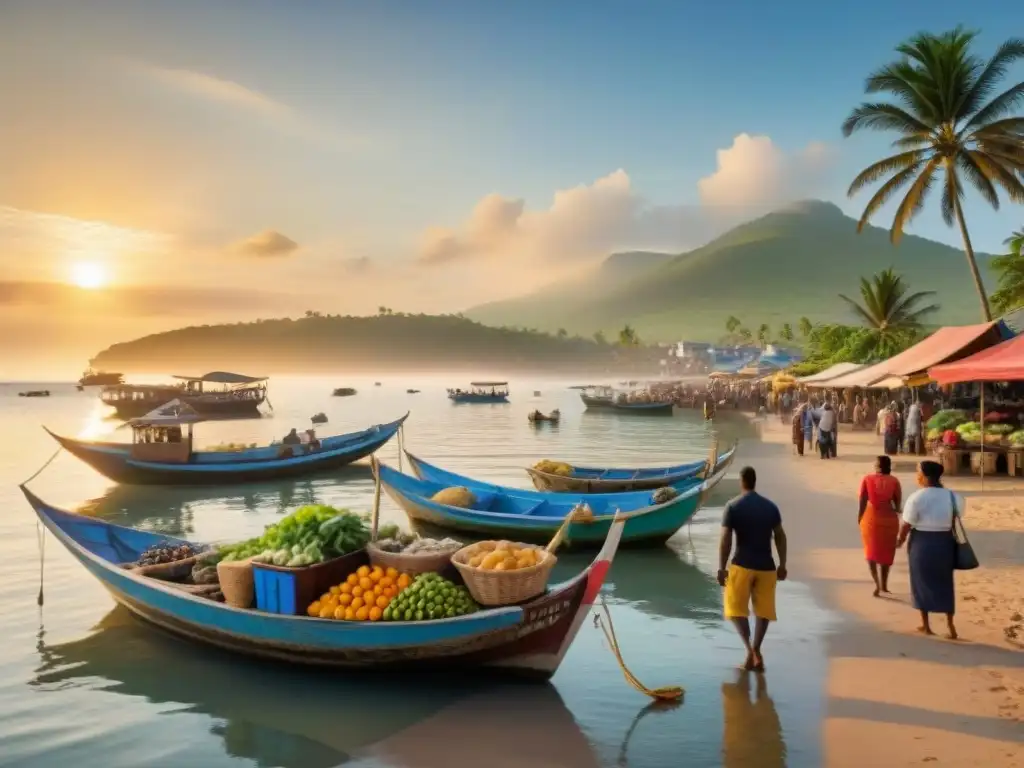 Mercado costero: encuentro vibrante y diverso de mar y cultura Una escena costera vibrante y bulliciosa, donde emergen comunidades diversas en un ambiente cultural único