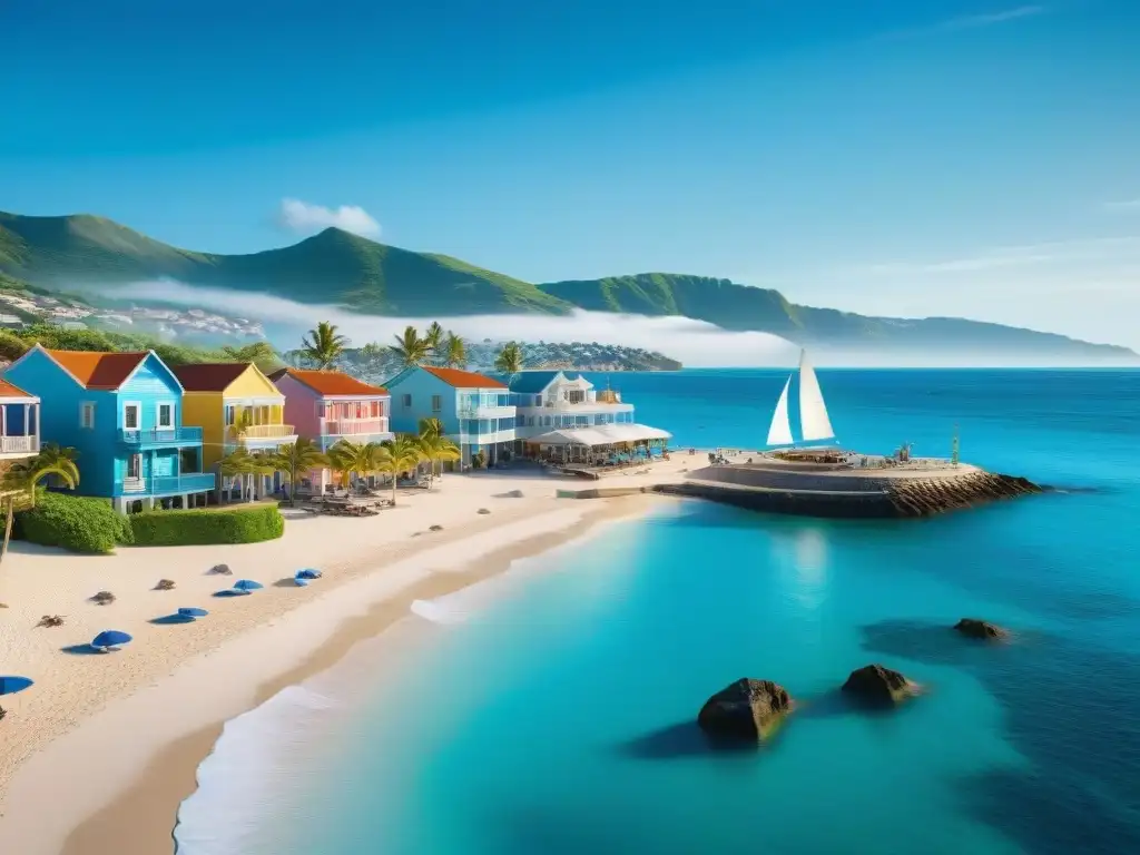 Playa tropical: casas coloridas, mar azul y palmeras Escena costera vibrante con casas coloridas frente al mar, playa serena y palmeras
